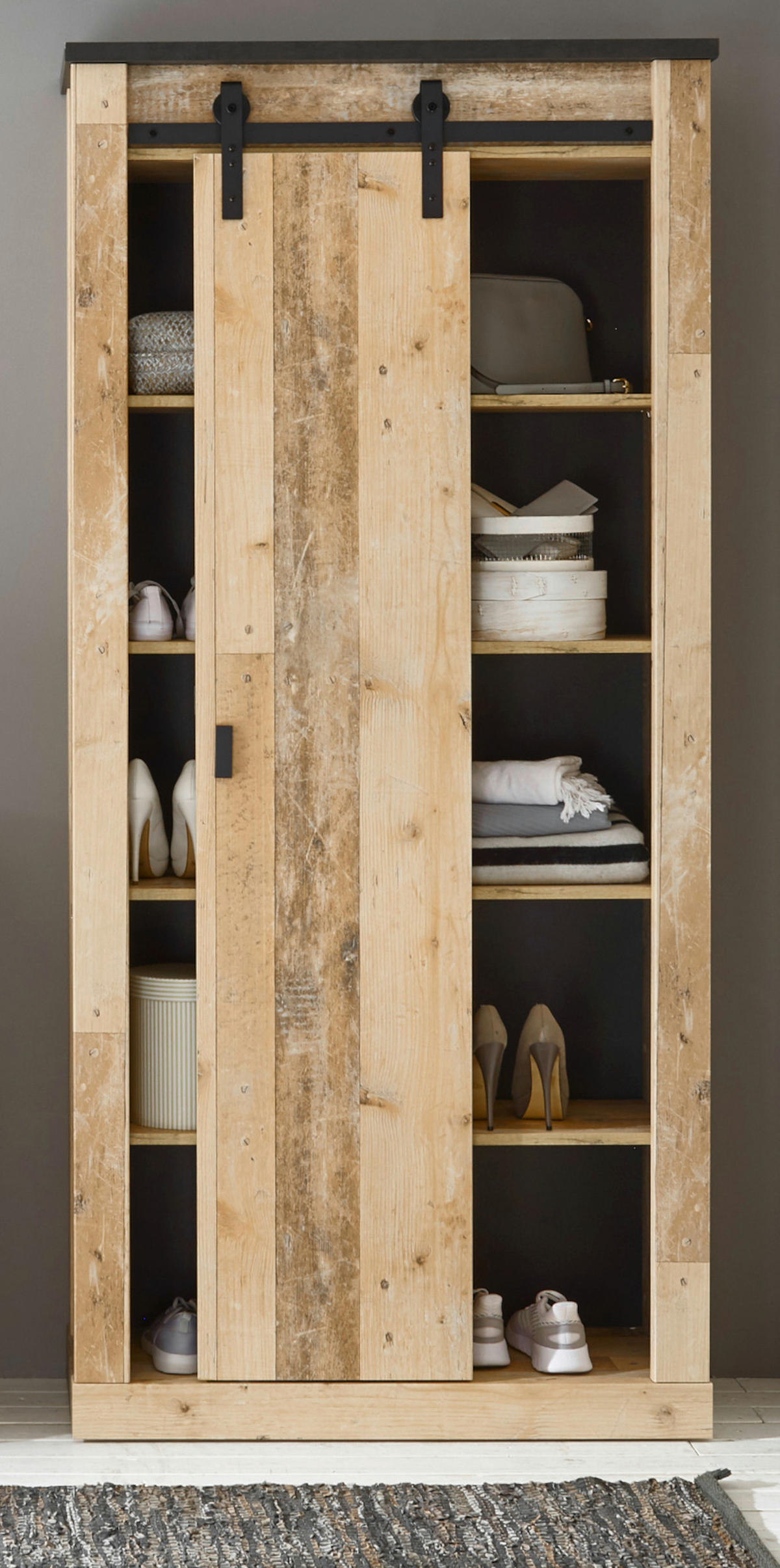 STAURAUMSCHRANK Used Wood hell, anthrazit, Mehrzweckschrank mit Schiebetür - Anthrazit/Schwarz, Holzwerkstoff/Metall (93/201/38cm) - Furn.Design
