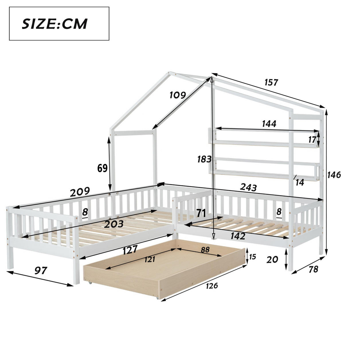 KINDERBETT 90/200 cm und 70/140 cm Hausbett L-Form mit Schubladen und Regalen, weiß, ohne Matratze - Weiß, Holz (90/200cm) - MIVRAY
