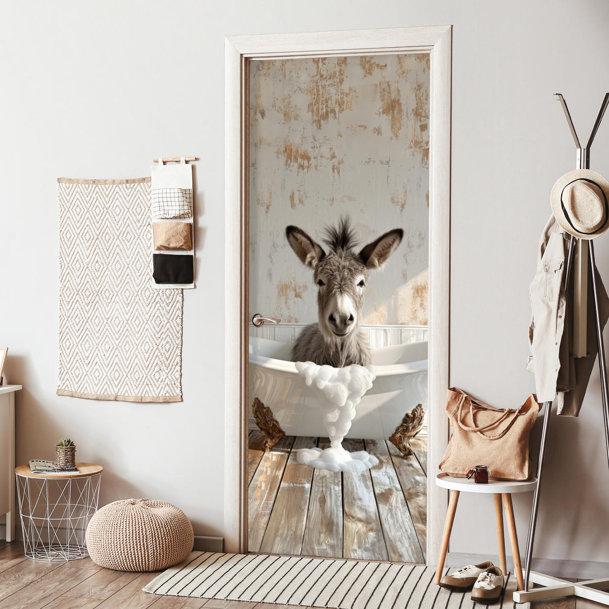 TÜRAUFKLEBER Selbstklebend - Esel - Tier - Vintage - Badewanne 95x235 cm - Türtapete - Eukalyptusholzfarben, Kunststoff (95/0.1cm) - MuchoWow