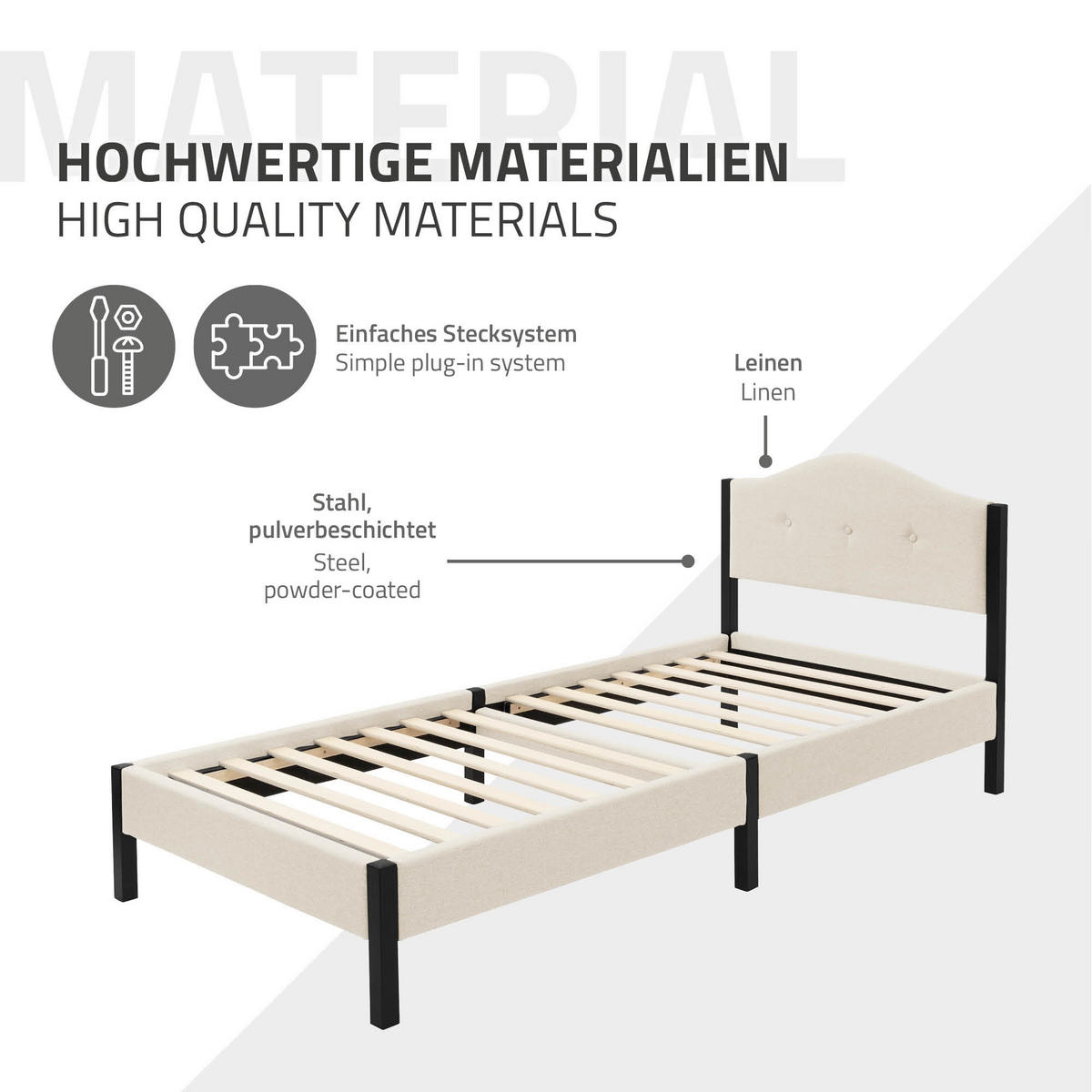 POLSTERBETT 90x200 cm Beige mit Lattenrost und Leinenstoff - Beige, Holzwerkstoff/Textil (90/200cm) - ML-DESIGN