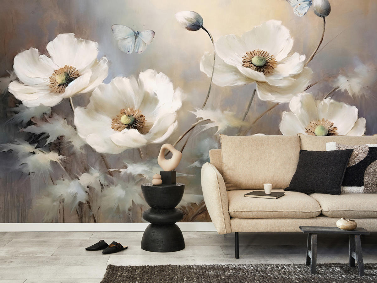 FOTOTAPETE für Schlafzimmer Abstrakte Weiße Mohnblumen Schmetterlinge Aquarell 300x210 - Beige/Braun, Papier (300/210cm) - Muralo