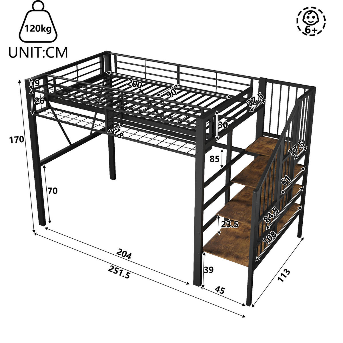 HOCHBETT 90/200 cm in Schwarz mit Stufenregal, Gitterelementen, Stauraum und LED aus Metall und MDF - Schwarz, Metall - STILVORA