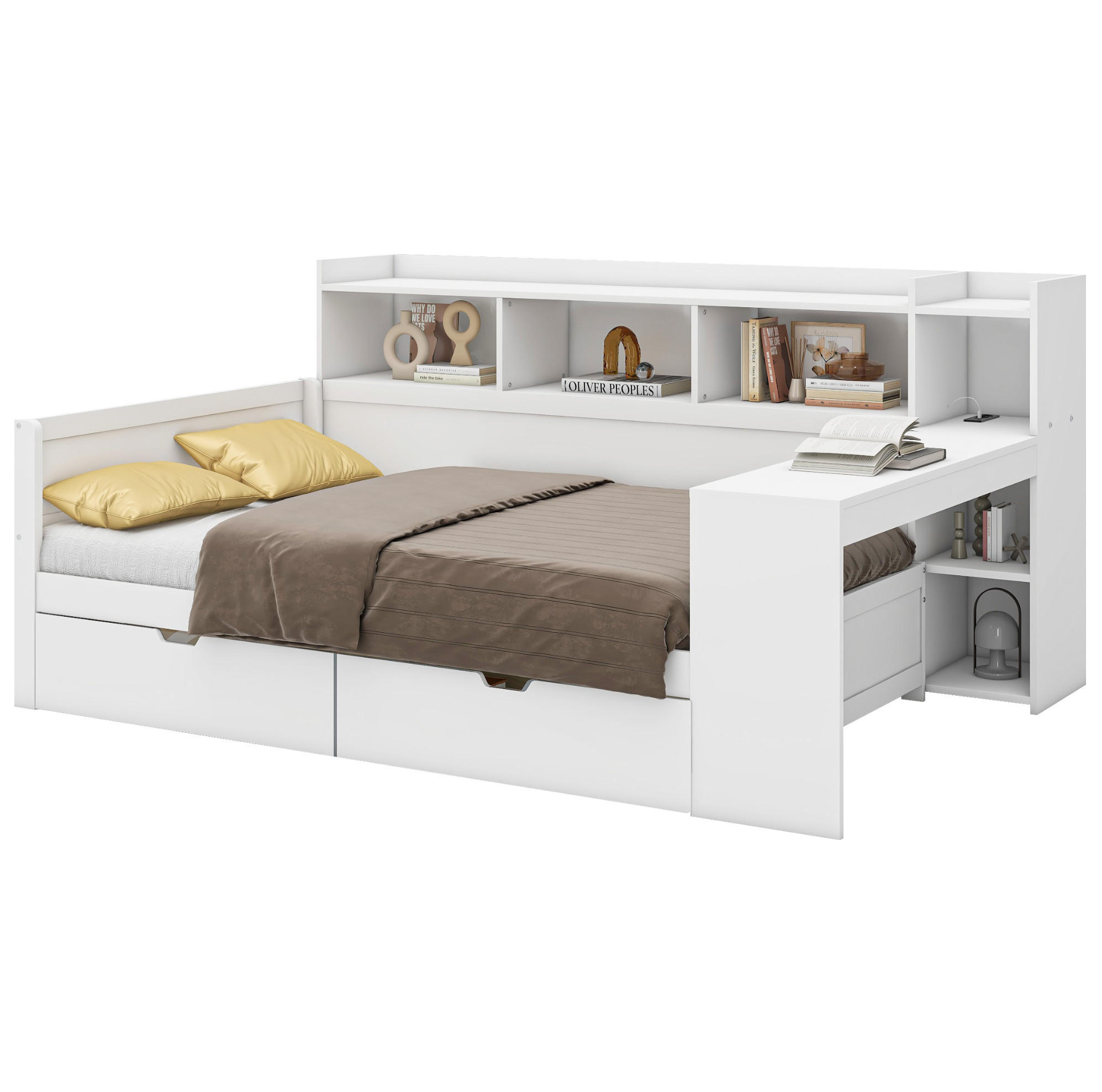 OKWISH DENNÍ postel 90/200 cm bílá z dřevotřísky a MDF s USB, zásuvkou, stolem a 2 zásuvkami