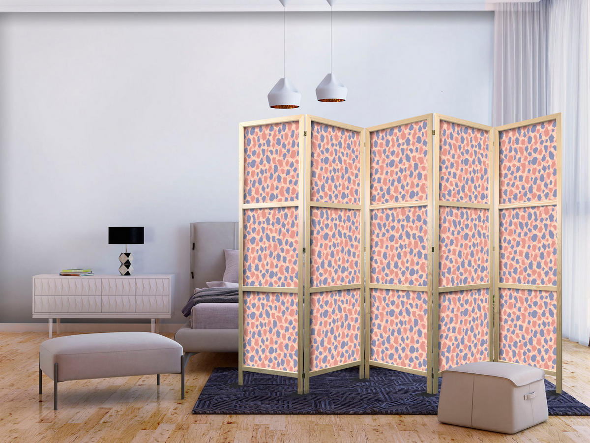 PARAVENT Japanischer 5-tlg 225x172 cm Buntes Tiermuster - Rosa, Holz/Textil (225/172/3cm) - Muralo
