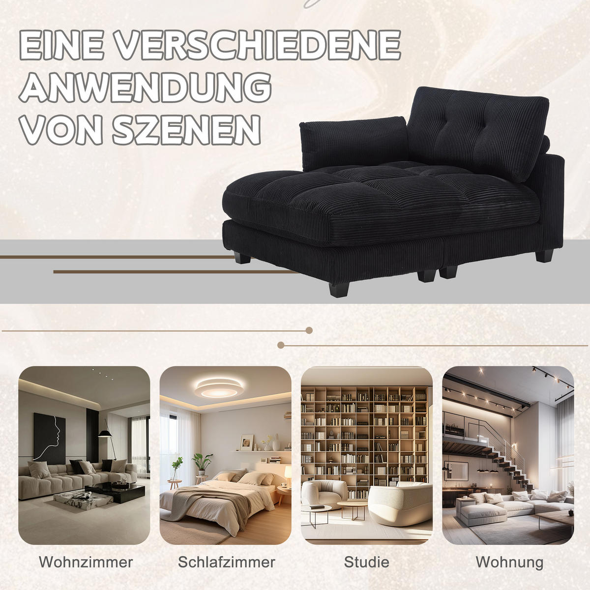 RÉCAMIERE Cord Schwarz mit Getränkehaltern, USB und Seitentasche - Schwarz, Holzwerkstoff/Kunststoff (140/81/121cm) - WISHDOR