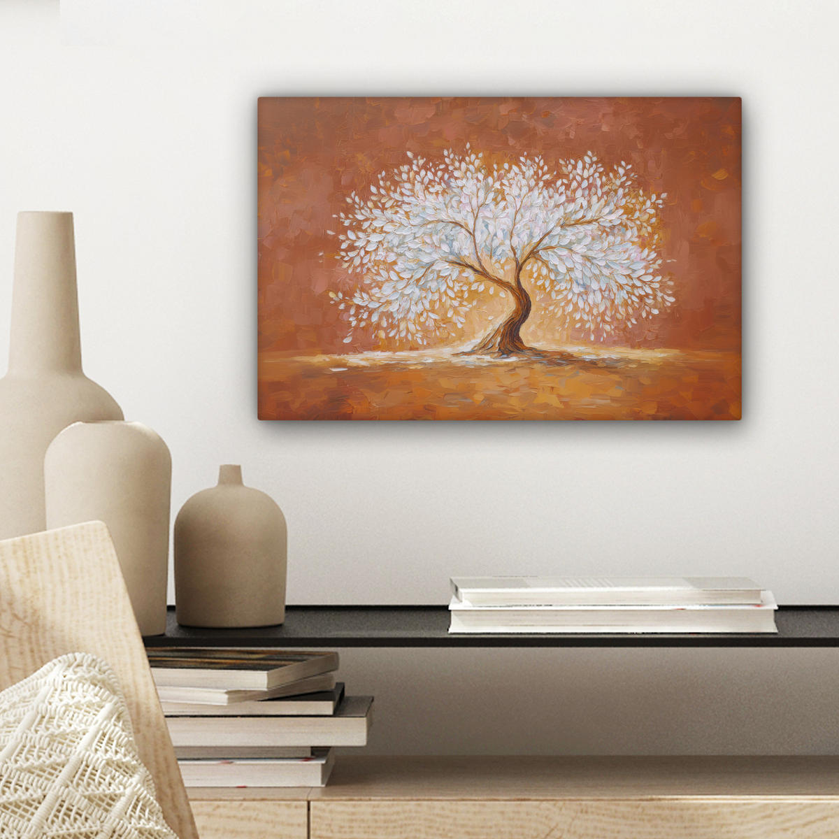 LEINWANDBILD Abstrakt - Baum - Weiß - Blätter Deko Schlafzimmer 30x20 cm - Braun, Textil (30/20cm) - MuchoWow