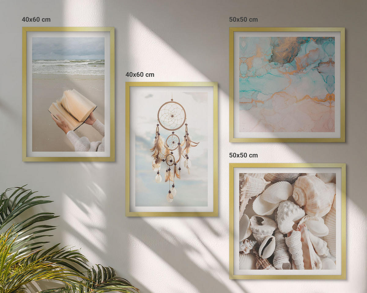 WANDBILDER 4er Set - 50x50 cm & 40x60 cm Goldrahmen - Boho-Buch mit Muscheln - Goldfarben, Kunststoff (50/50cm) - ArtPrintCave