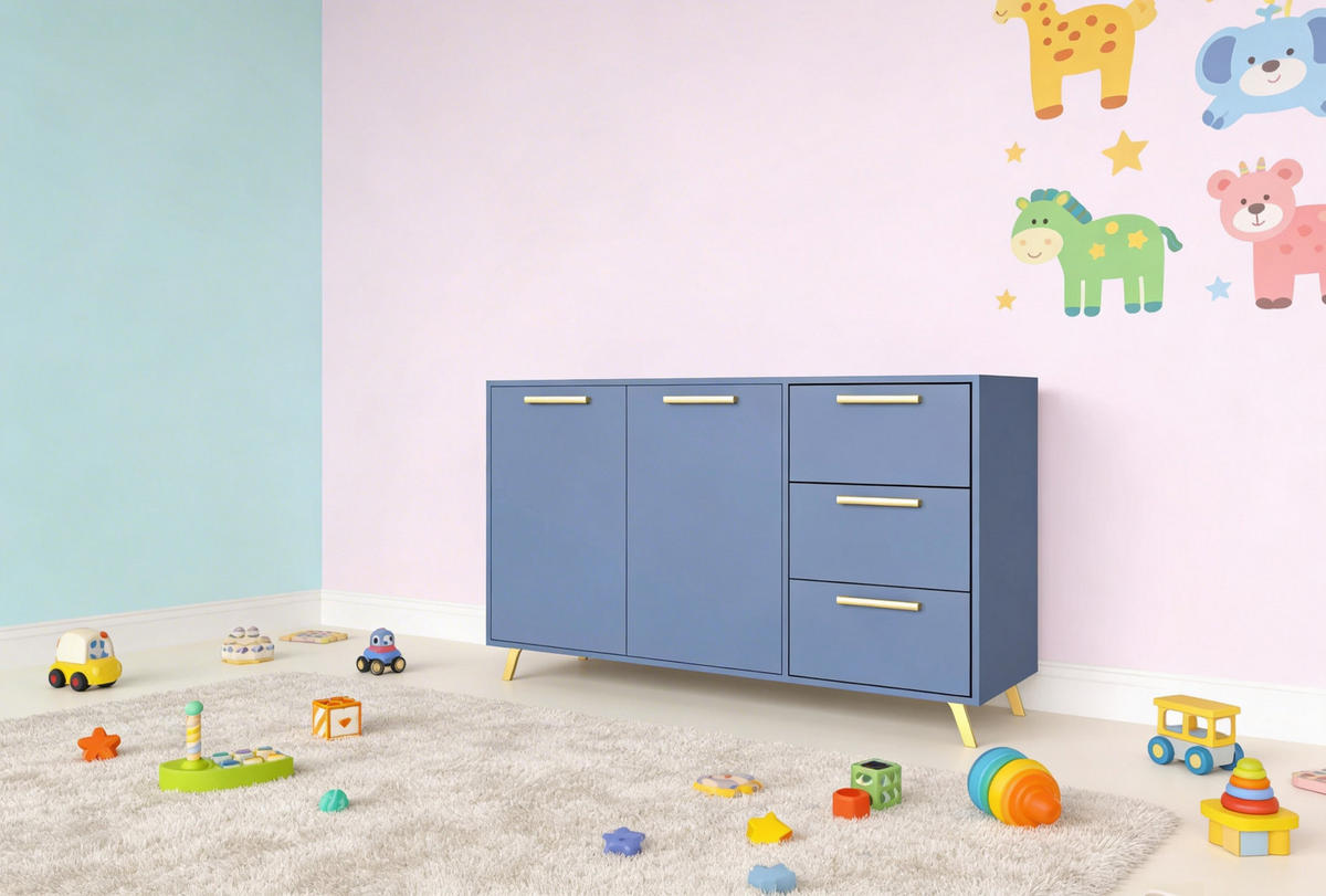 KOMMODE Nancy mit 3 Schubladen und 2 Türen, Sideboard in Farbe: Blau, Schrank in Größe: 140 x 86 x 41 cm - Blau, Holzwerkstoff (140/86/41cm) - Agmat-Furniture