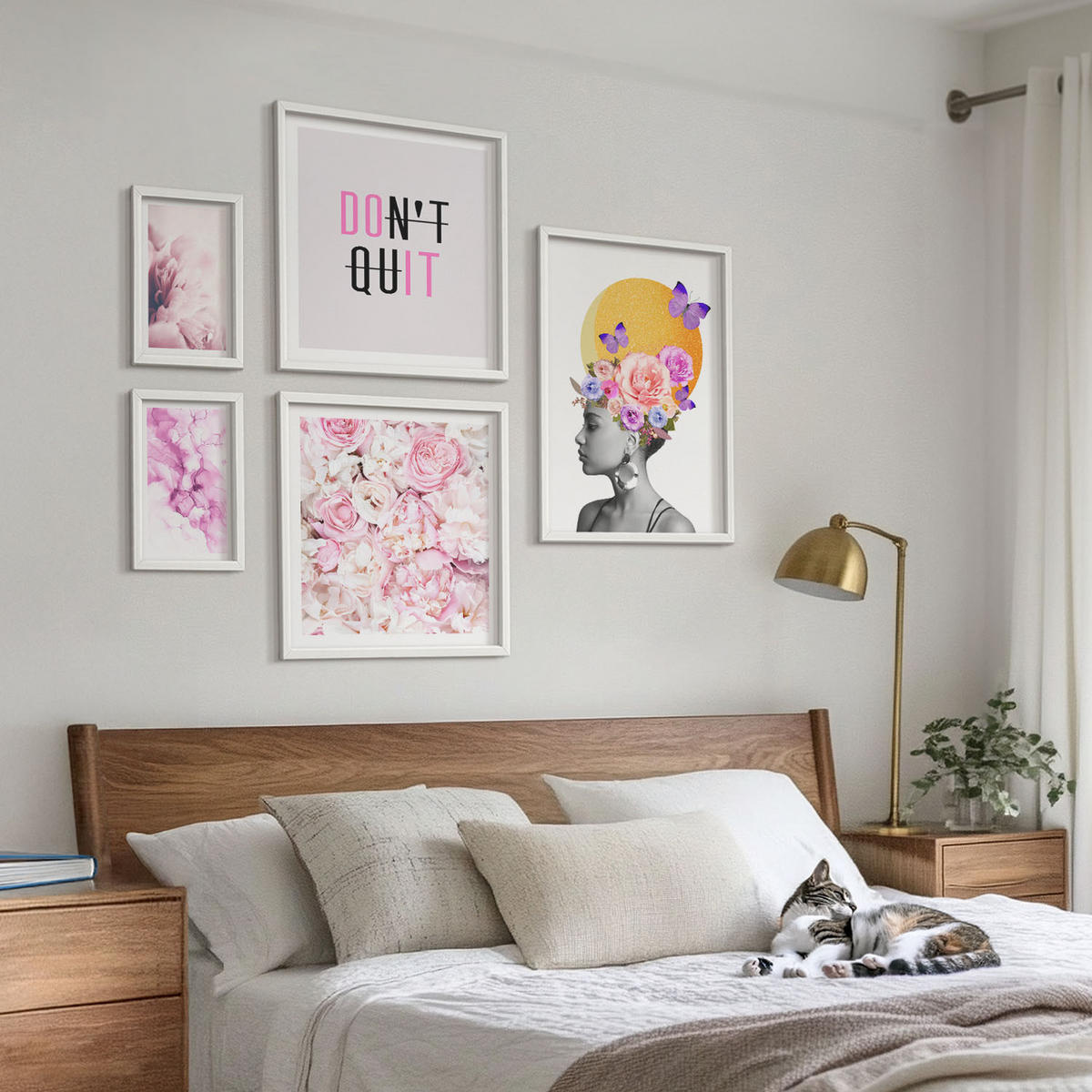 BILDER SET 5er Set - 50x50 cm & 20x30 cm & 40x60 cm Weißer Rahmen - Abstraktes Blumenporträt einer Frau - Weiß, Kunststoff (40/60cm) - TULUP