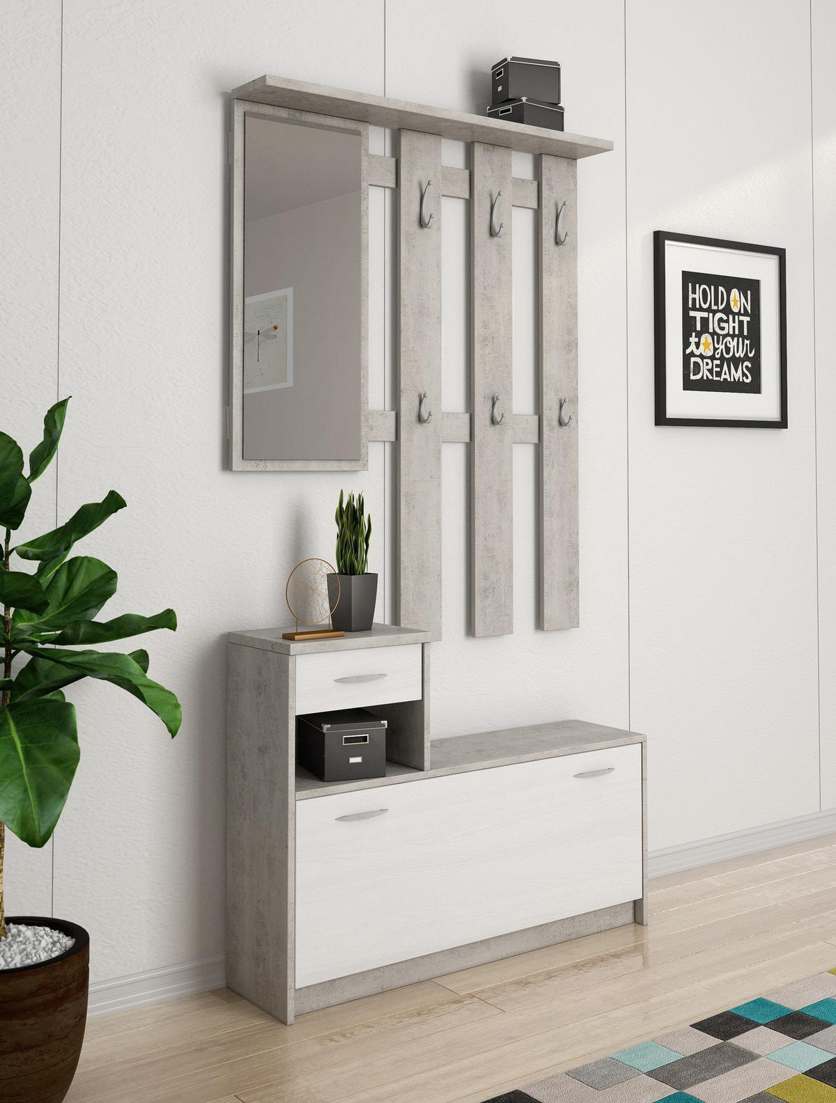 GARDEROBE Holz-Effekt Zement, Weiß 25x100h180 - Weiß/Grau, Holzwerkstoff (100/190/25.5cm) - DMORA