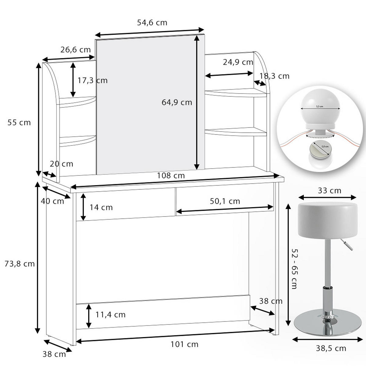 SCHMINKTISCH Charlotte Weiß 108 cm + LED und Hocker - Weiß, Holzwerkstoff (108/139/40cm) - Vicco