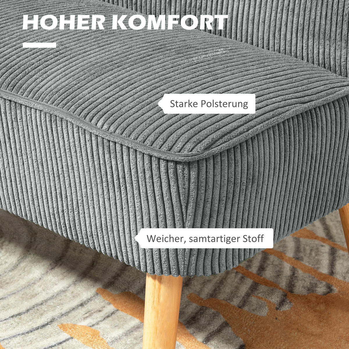 2 Sitzer Sofa, Gepolsterte Couch mit Kordoptik, Holzbeine für Wohnzimmer, Grau - Naturfarben/Grau, Holz/Textil (56.5/77/117cm) - HOMCOM