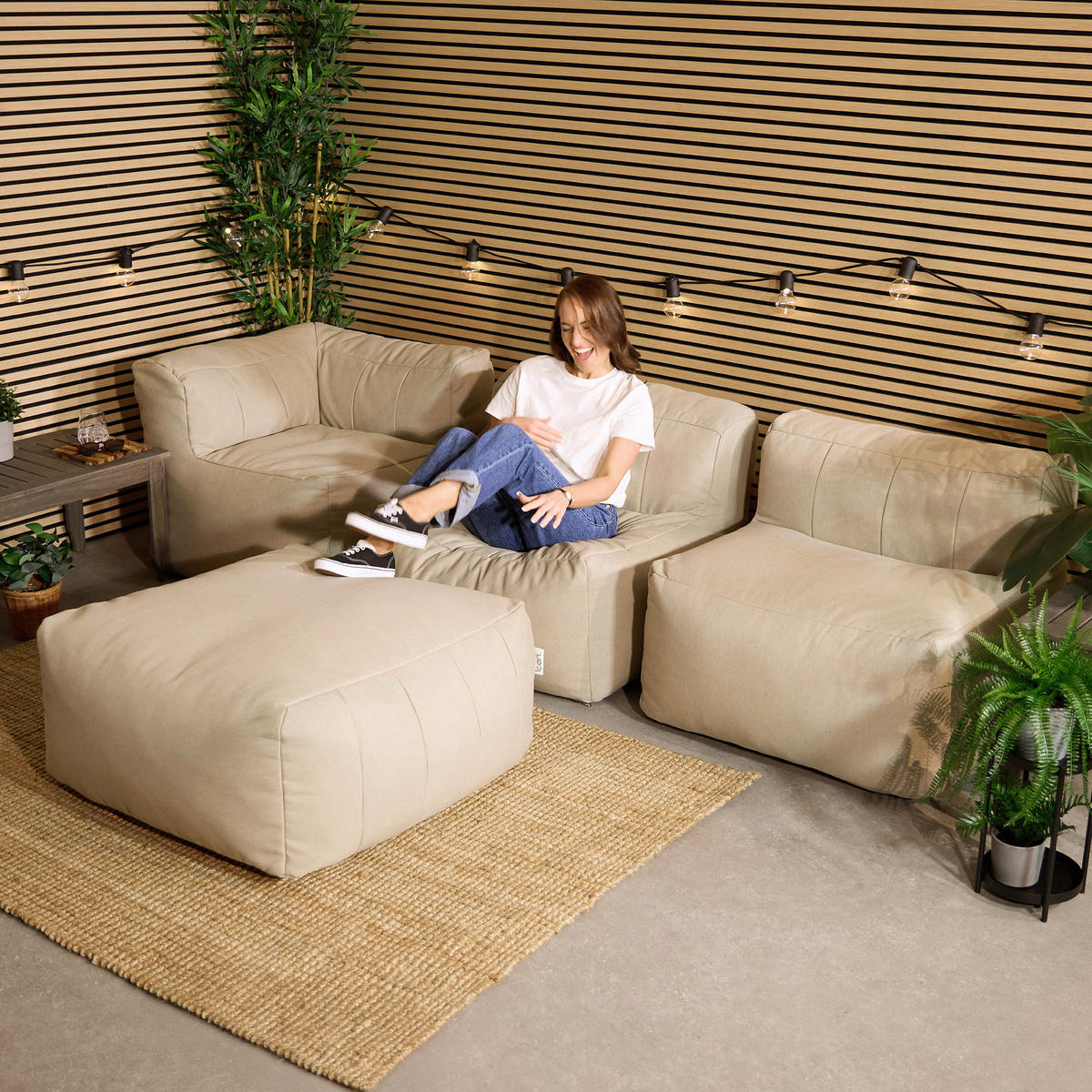 SITZSACK-SOFA Outdoor 4-tlg.: Ecksessel, 2 Sessel, Fußstütze - Beige, Textil (290/68/100cm) - icon