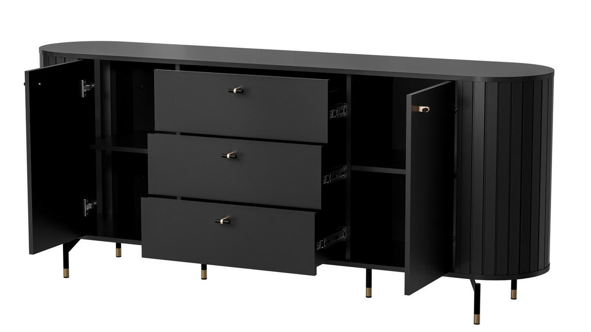 KOMMODE THIRA 190,1/81/40cm mit 3 Schubladen 2 Türen Schwarz - Schwarz, Holzwerkstoff (190.1/81/40cm) - MASSENO