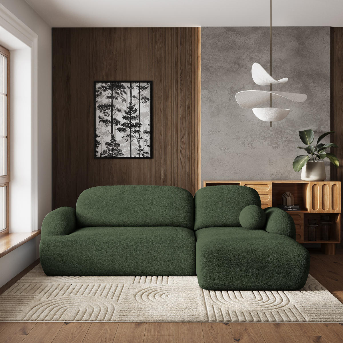 ECKSOFA MODENZA N R-S Grün Boucle-Stoff mit Schlaffunktion - Schwarz/Grün, Holz/Kunststoff (266/148cm) - MASSENO