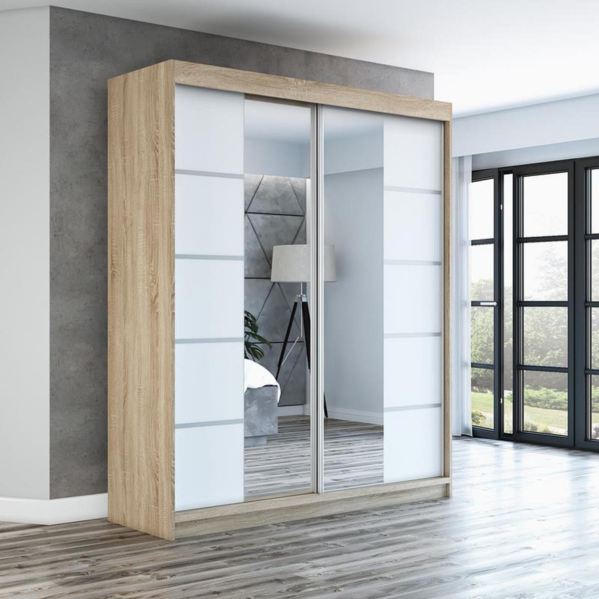 SCHWEBETÜRENSCHRANK 180 CM KRINO Farbe: Sonoma / weiß / weiß - Braun/Weiß, Holzwerkstoff (180/215/59.5cm) - A&J MöbelLand