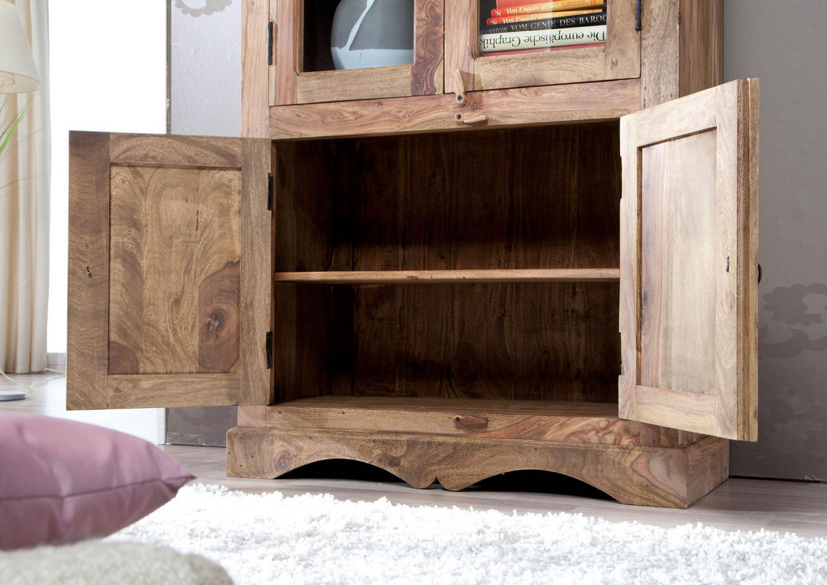 VITRINE Sheesham 90x40x190 grau geölt LEEDS #47 - Grau, Holz (90/190/40cm) - Massivmoebel24