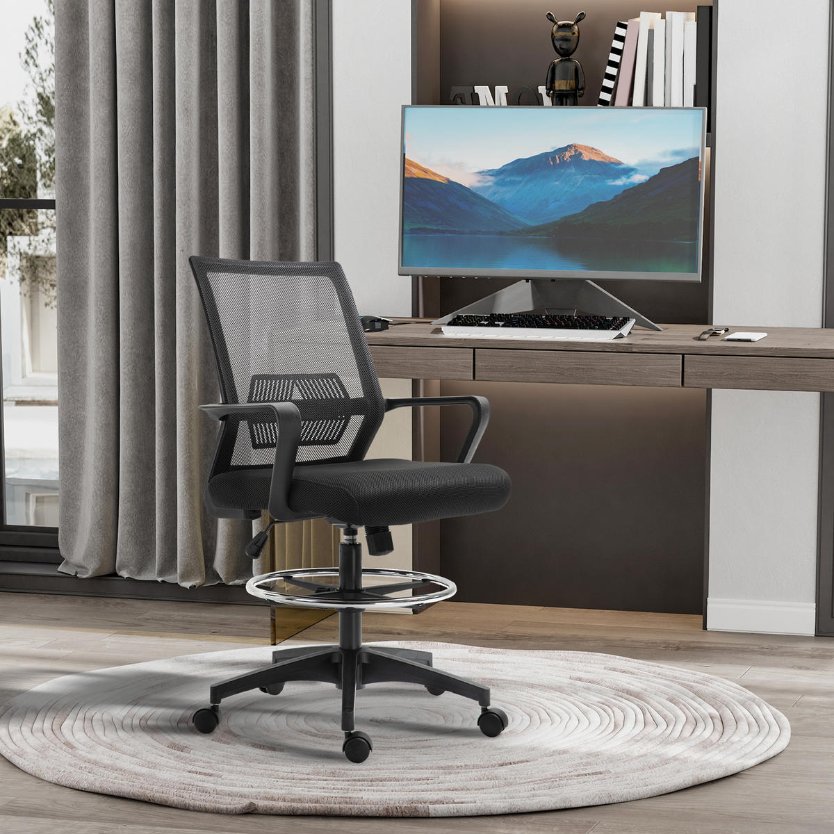 BÜROSTUHL, Höhenverstellbarer Schreibtischstuhl mit Fußablage, Netz-Rückenlehne, rollbar, Kunststoff, Schwarz - Schwarz, Textil (59/124/64cm)