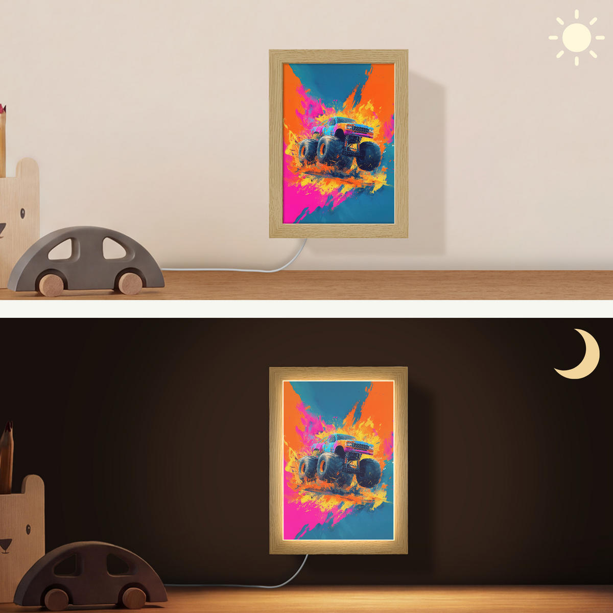 NÁSTĚNNÁ LAMPA Monster truck - Abstraktní - Stříkající barva - Barevné 15x20 cm - růžová, kompozitní dřevo (15/20/8cm) - OnlyWow