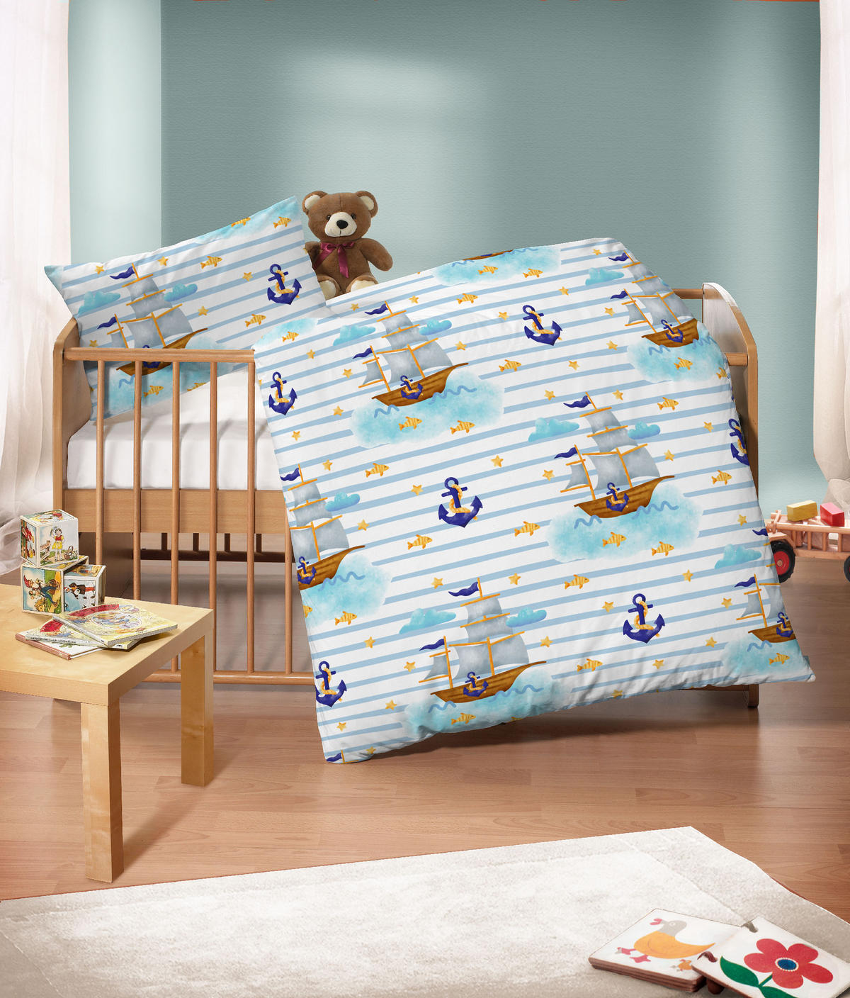 BETTWÄSCHE-GARNITUR Linon Schiffe ciel, 100x135 cm + 40x60 cm - Hellblau, Textil (100/135cm) - biberna