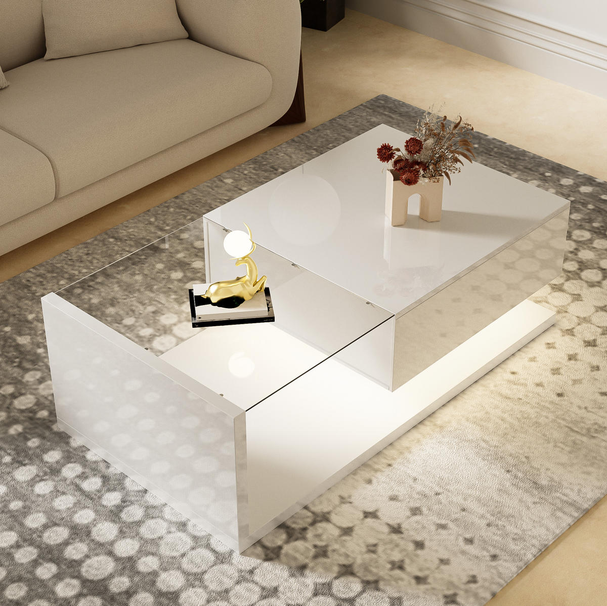 COUCHTISCH 105/55 cm mit Ablagefach, Glasplatte und LED-Beleuchtung - Weiß, Holzwerkstoff (105/55/32.5cm) - BEAOK