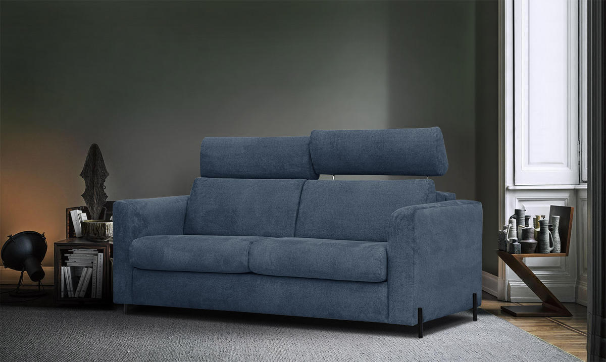 SOFA MEZO 3-Sitzer mit Schlaffunktion, dunkelblau - Schwarz/Dunkelblau, Holz/Textil (232/90/107cm) - Courtois Laville