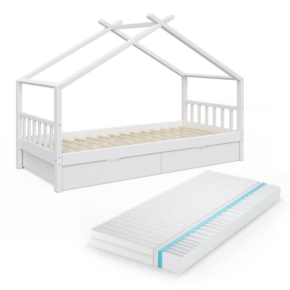 HAUSBETT Design Weiß 90x200 cm mit 2 Schubladen und Matratze - Weiß, Holz (90/200cm) - VitaliSpa