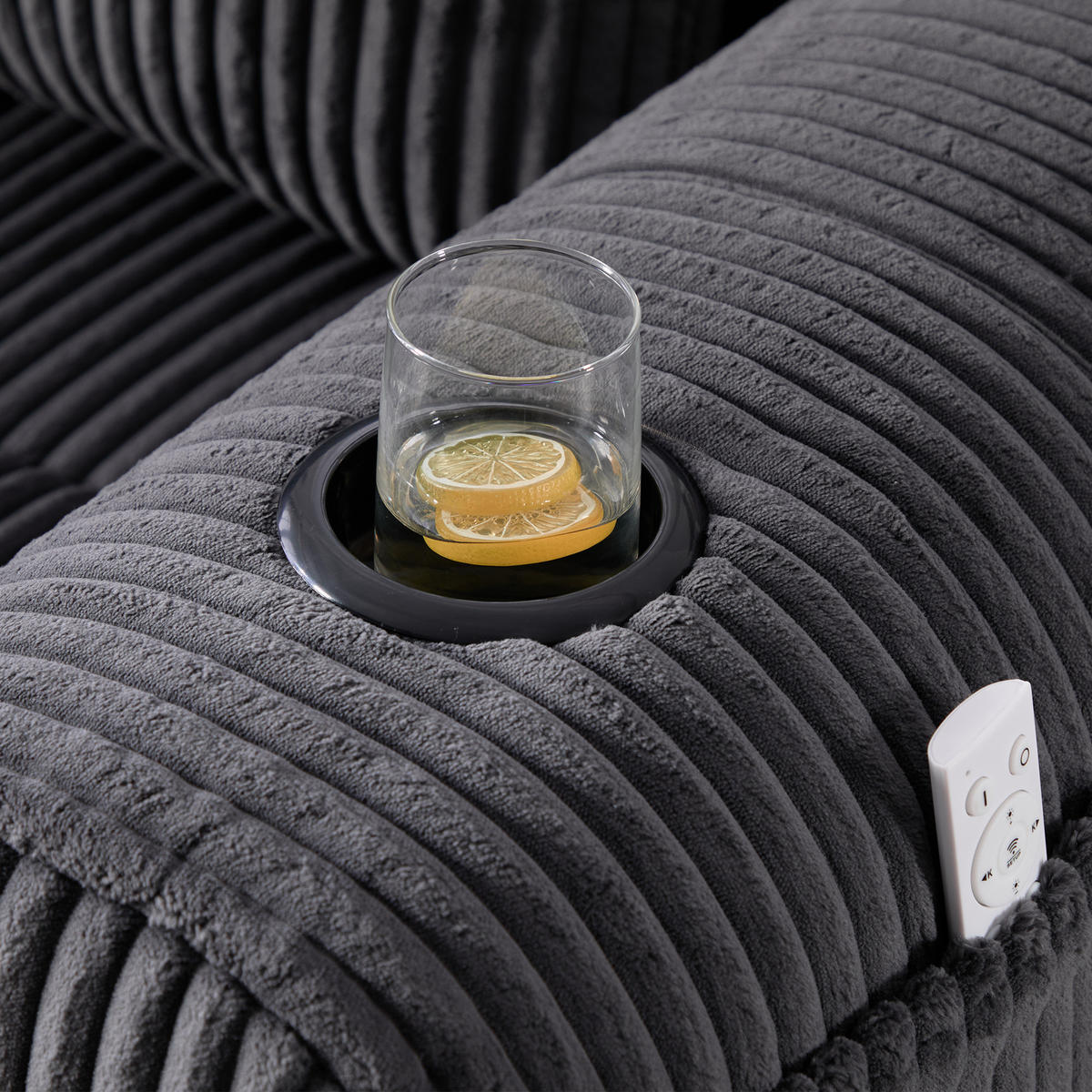ECKSOFA Cord Dunkelgrau mit Becherhaltern, Seitentaschen und mit 3 Kissen - Dunkelgrau, Textil (253/158cm) - WISHDOR