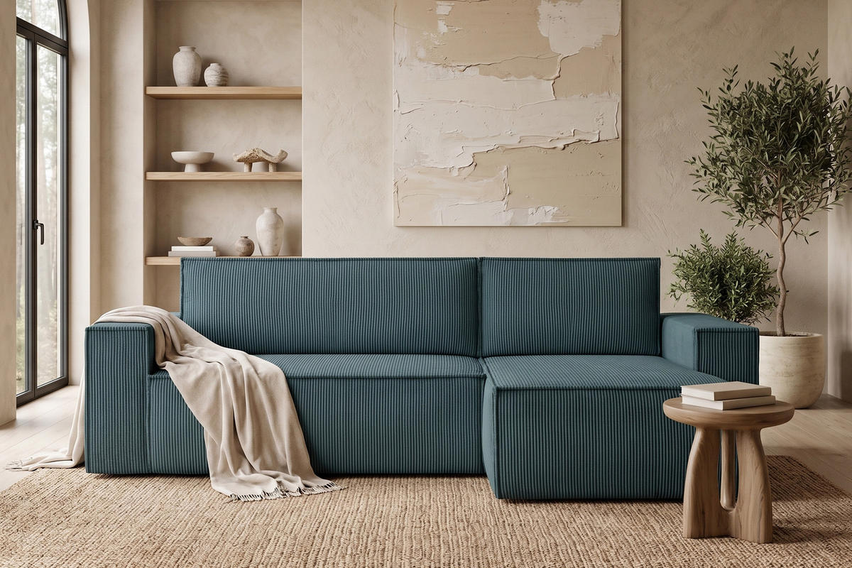 ECKSOFA-LINKS/RECHTS NAPI Schlaffunktion mit Cordbezug, Blau - Blau/Schwarz, Textil (262/148cm) - KONSIMO®