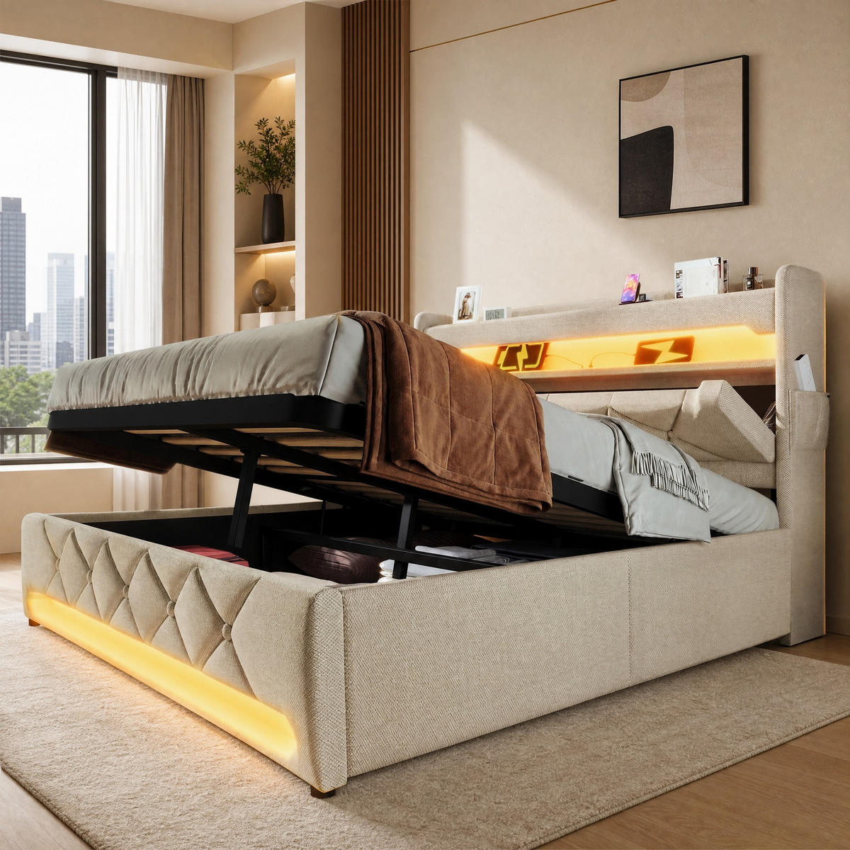 POLSTERBETT 180/200 mit Bettkasten, LED, USB und Typ-C-Anschluss in Beige - Beige, Holzwerkstoff/Textil (180/200cm) - EVRYAE