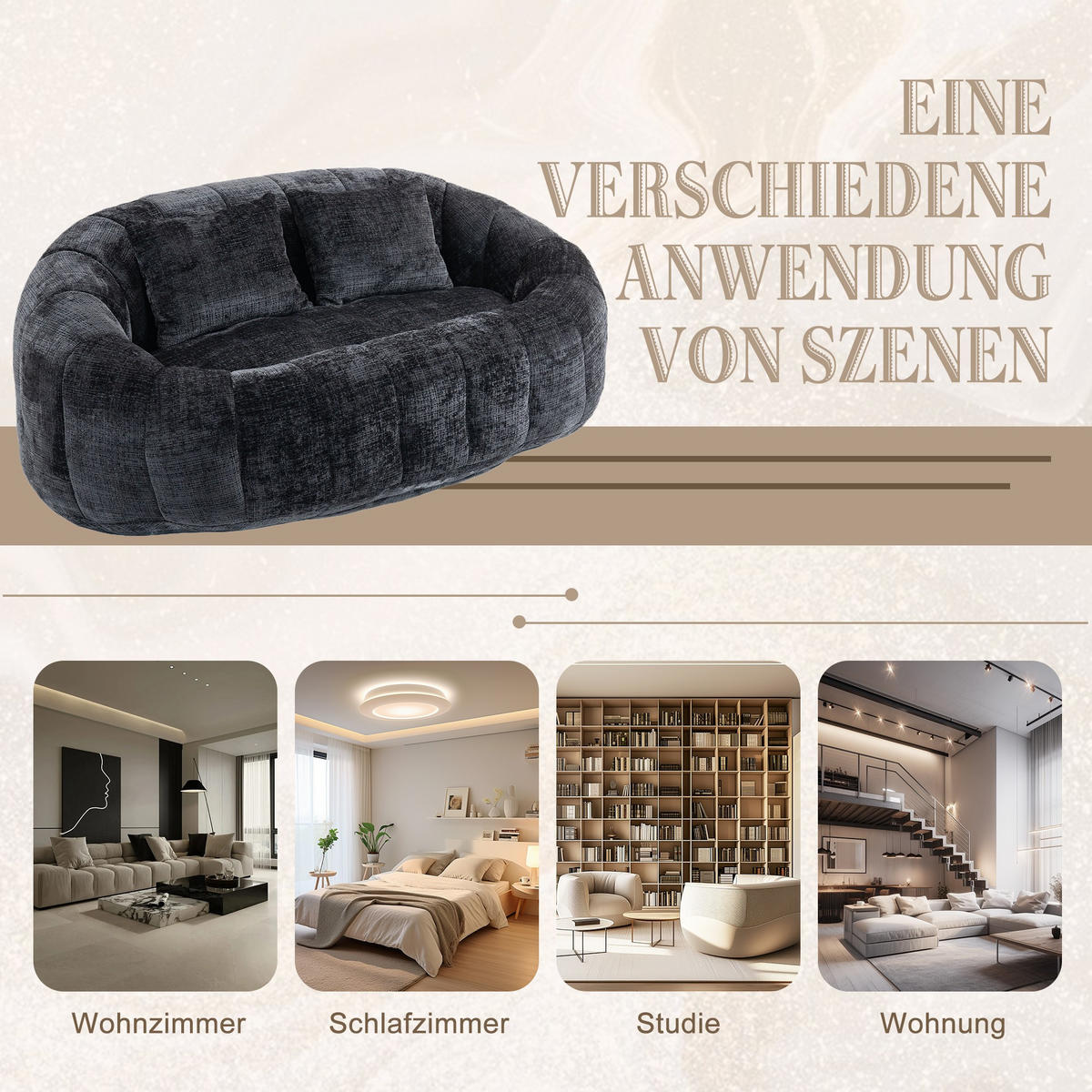 SITZSACK Chenille, Sofa mit 3 extra Kopfkissen,Schwarz - Schwarz, Textil (145/63/95cm) - LVHOM