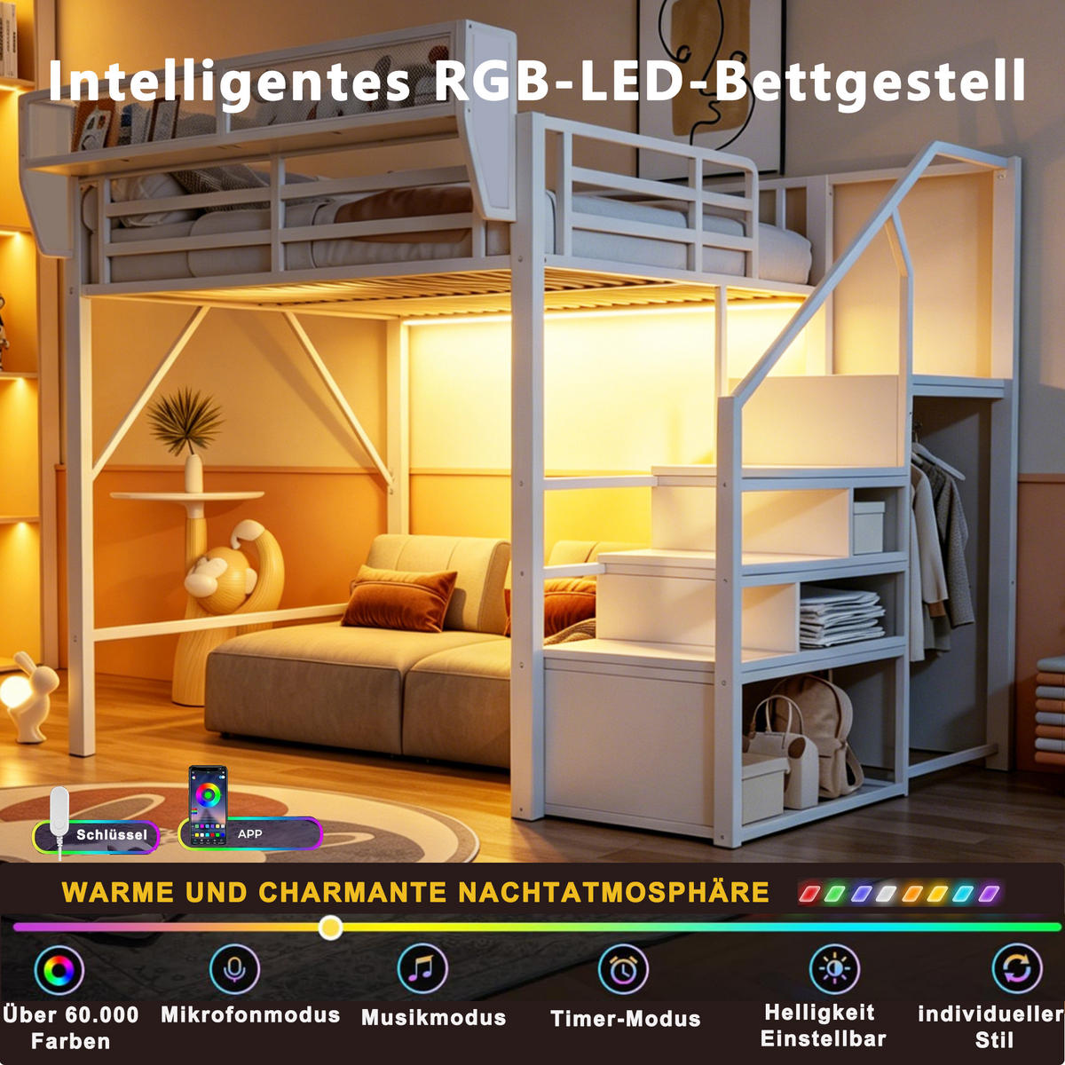 HOCHBETT 140/200 cm in Weiß Metall mit LED, Sicherheitsleiter und Stauraum - Weiß, Holzwerkstoff/Metall (140/200cm) - WISHDOR