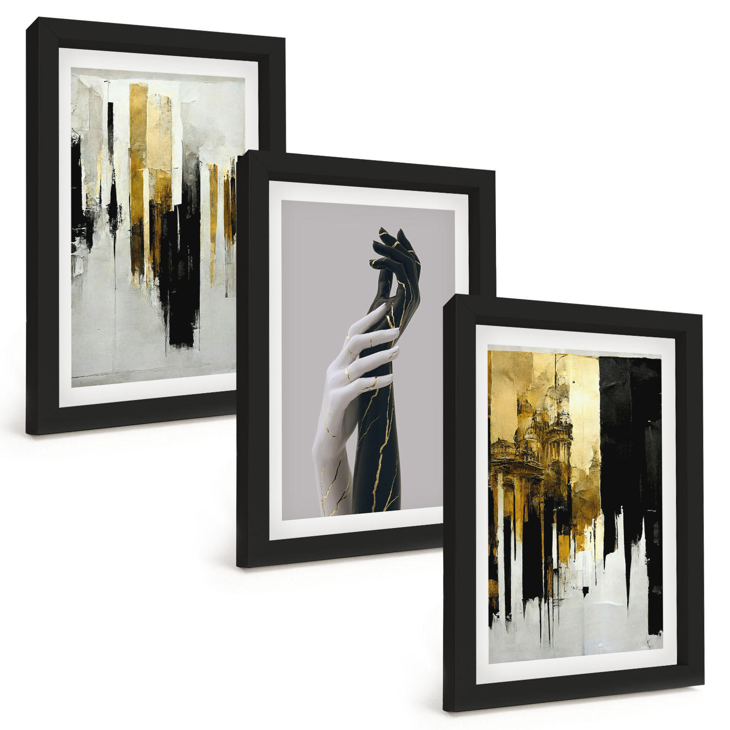 BILDER SET 3er Set - 20x30 cm Schwarzer Rahmen - Abstrakte handgemalte Muster - Schwarz, Kunststoff (20/30cm) - TULUP