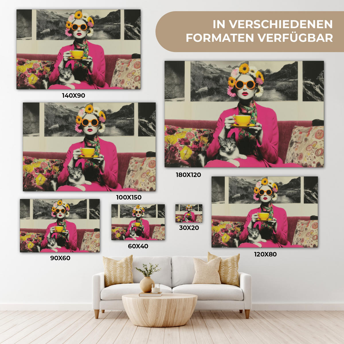 LEINWANDBILD Frau - Katze - Blumen - Tasse - Retro Groß 140x90 cm - Magenta, Textil (140/90cm) - MuchoWow