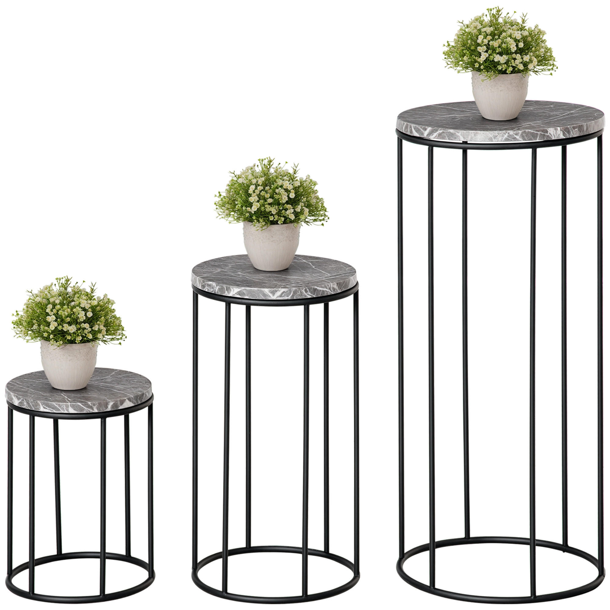 BLUMENSTÄNDER DE-05341 3er-Set, Marmoroptik, stapelbar Schwarz/Grau - Schwarz/Grau, Metall (30.5/30.5/70.5cm) - ComfortXL