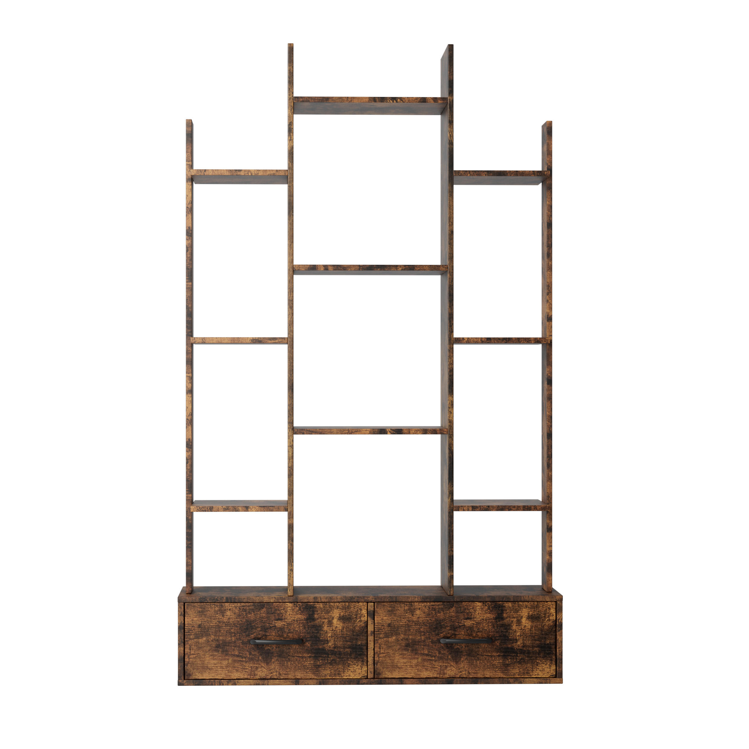 BÜCHERREGAL Dunkelbraun 12 Fächer 2 Schubladen 86/25/140 cm - Braun, Metall (86/140/24cm) - PANGIVO