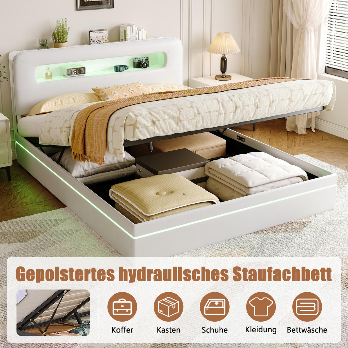 KLÄDD säng 140x200 cm beige sammet med LED-belysning och hydraulisk förvaring - Beige, Trä (140/200cm) - SHOPENTRA