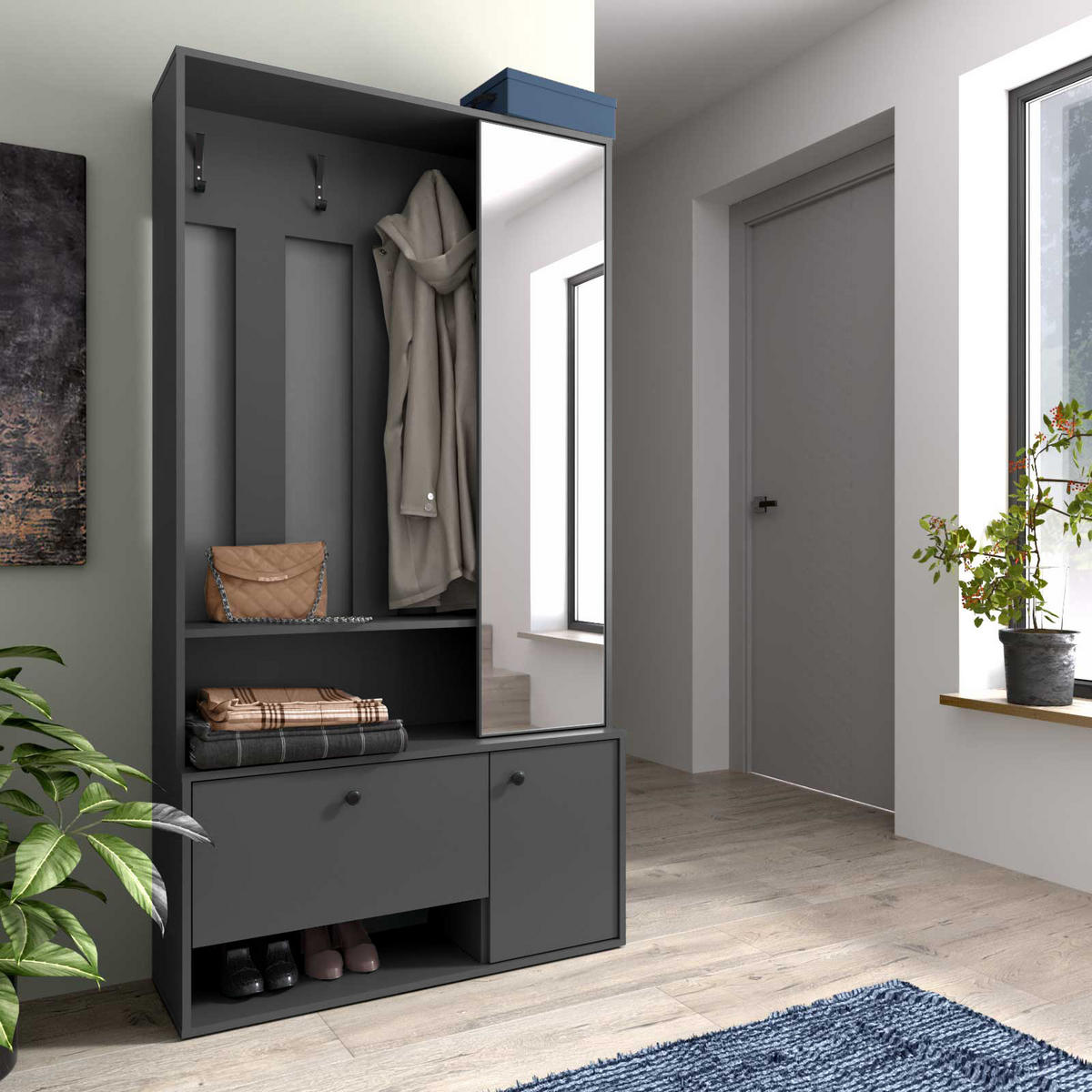 GARDEROBENSCHRANK Pots Plus mit zwei Türen graphit - Graphitfarben, Holzwerkstoff (100/190/33cm) - Beautysofa