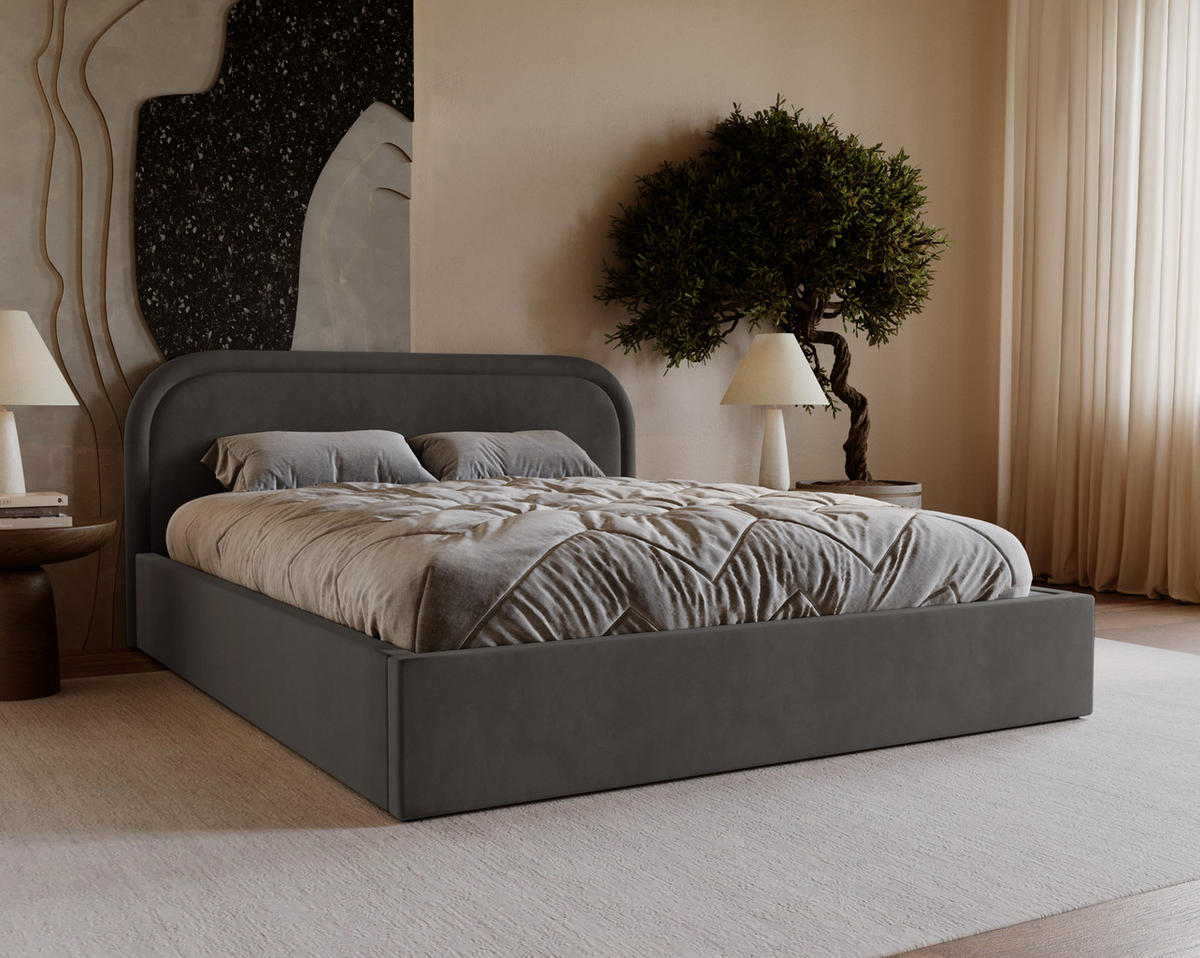 POLSTERBETT 140x200 Dune mit Bettkasten, runde Kopfteil, Samt, Dunkelgrau - Dunkelgrau, Holz/Textil (140/200cm) - Emporius
