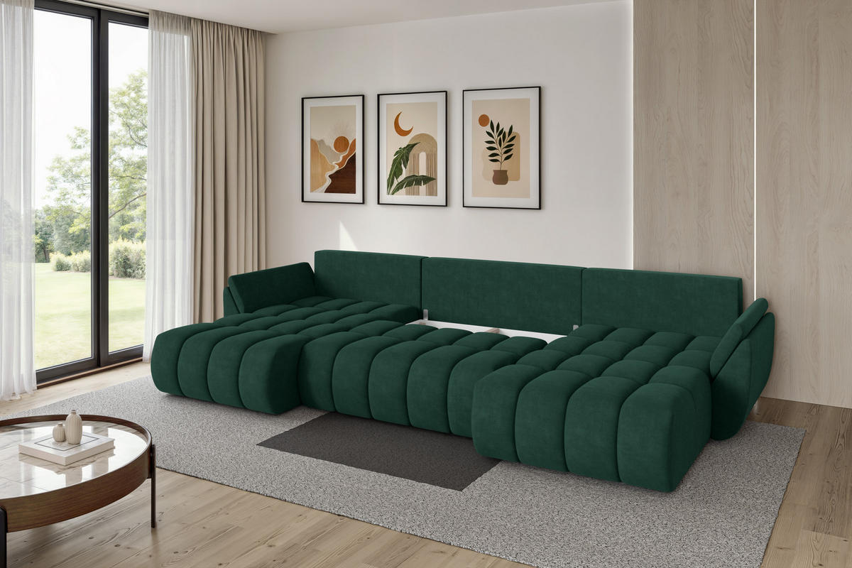 SEDACÍ SOUPRAVA DO U s funkcí spaní a úložným prostorem TOKO-U-v1 378x194x86 zelená velur - černá/zelená barva, kompozitní dřevo/textil (378/86/194cm) - ALTDECOR