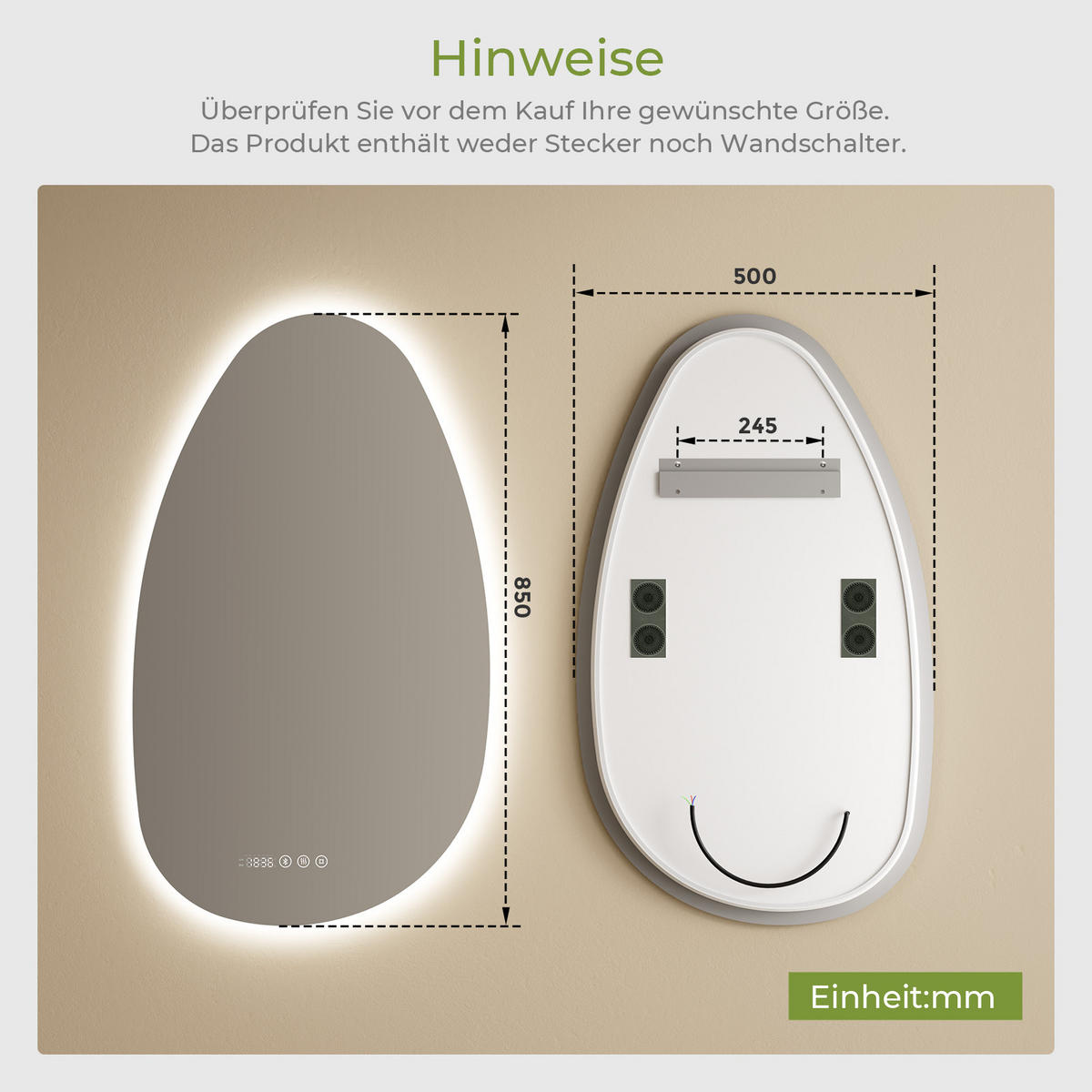 BADSPIEGEL MIT BELEUCHTUNG 85/50 cm asymmetrisch Bluetooth LED mit Antibeschlag - Transparent, Glas (85/50/3cm) - S'AFIELINA