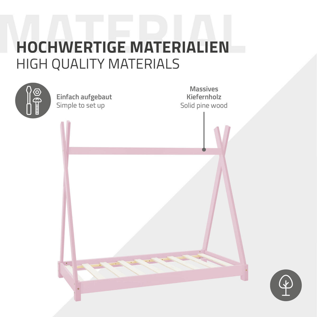 KINDERBETT Tipi 70x140 cm Rosa - Pink, Holz (77.5/137/147.5cm) - ML-DESIGN