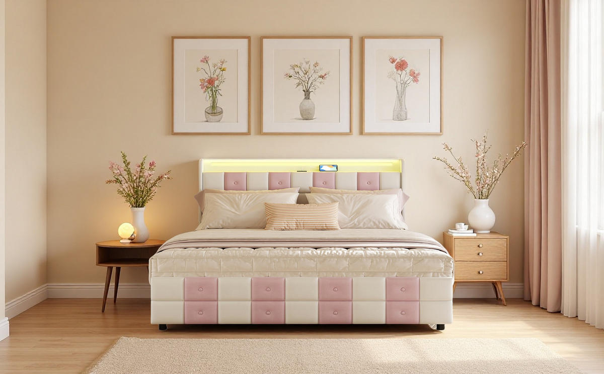 POLSTERBETT 140x200 cm Weiß Rosa Samt LED USB 4 Schubladen - Weiß, Holz (140/200cm) - SHOPENTRA