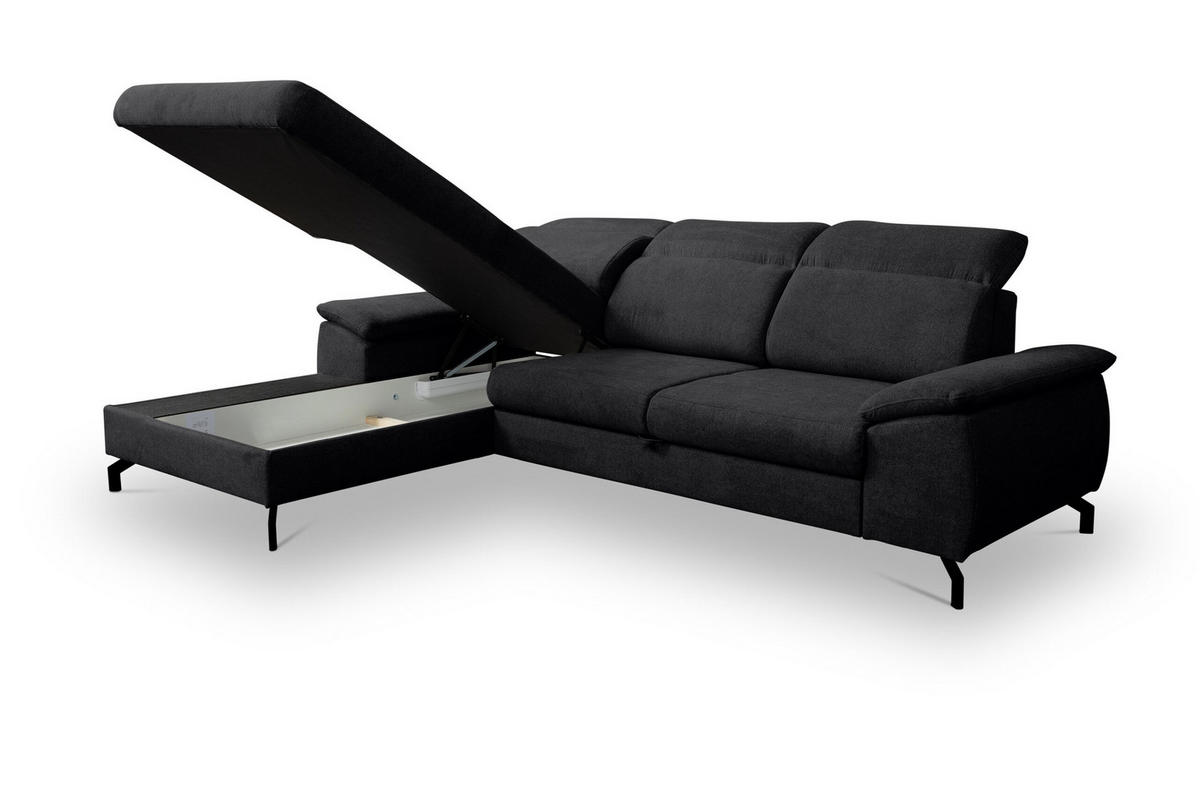 ECKSOFA MALIBU mit Schlaffunktion und Bettkasten, Farbe: Schwarz, Velourstoff, Ottomane Links - Schwarz, Textil (276/184cm) - VENASI MÖBEL