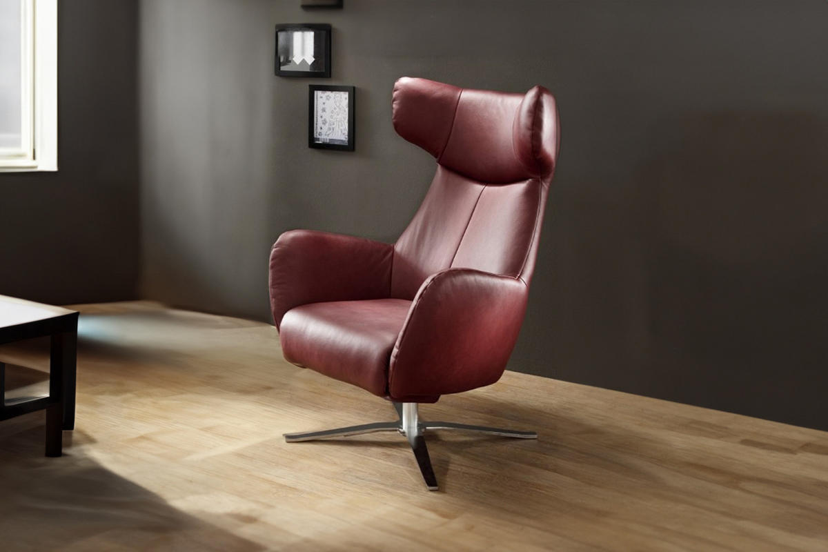 DREHSESSEL MIT WIPPFUNKTION RANDY Rot Leder - Silberfarben/Rot, Leder (79/117/96cm) - KAWOLA