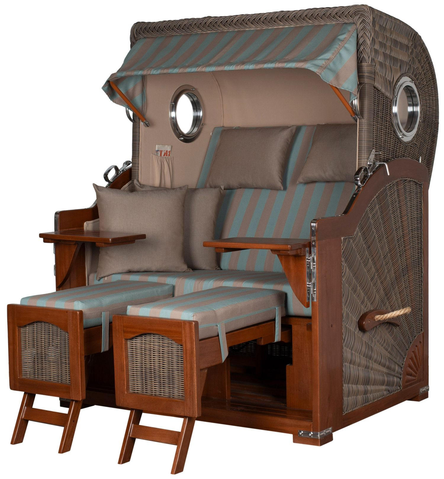 STRANDKORB Komplettset: Ammersee Mahagoni Bullauge - PE grau - Modell 520 - Blau/Braun, Holz/Kunststoff (125/165/80cm) - bene living