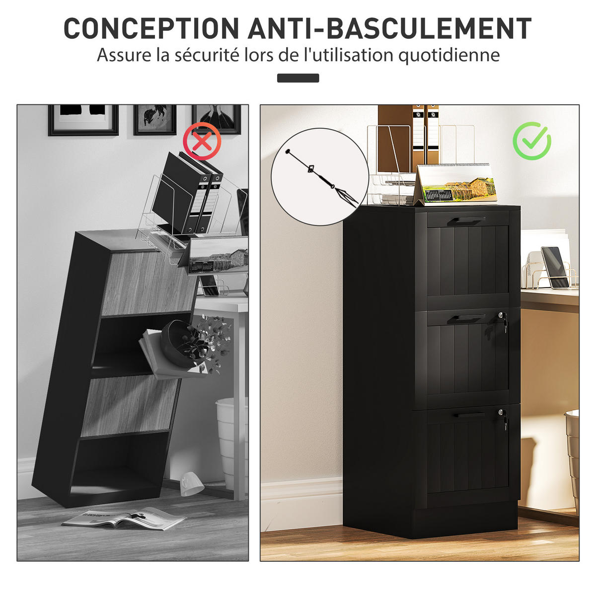 AKTENSCHRANK DE-14480 3 Schubladen abschließbar mit Hängeakten Schwarz - Schwarz, Holzwerkstoff (40/101/40cm) - ComfortXL