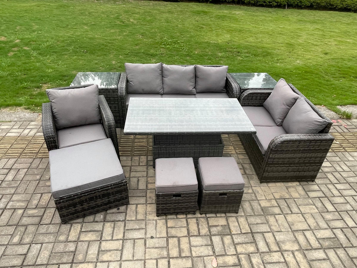 GARTENMÖBEL SET mit Höhenverstellbarer Esstisch 9-Sitzer Grau - Dunkelgrau/Grau, Glas/Kunststoff - Fimous