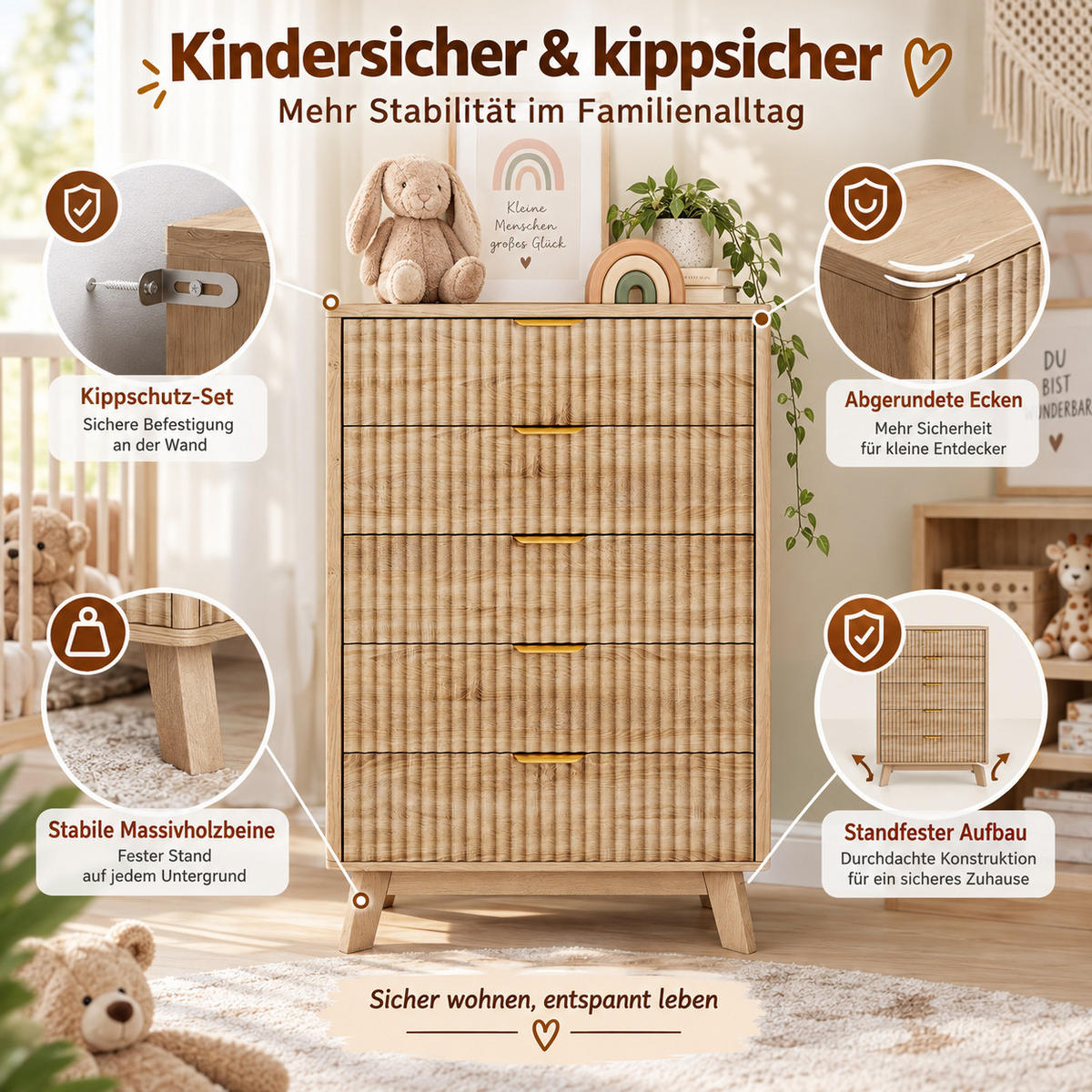 KOMMODE mit vertikaler Rillenfront, 5 Schubladen Stauraum, Eiche hell, 40/73/108cm - Eichefarben, Holz (73/108/40cm) - Joyfair