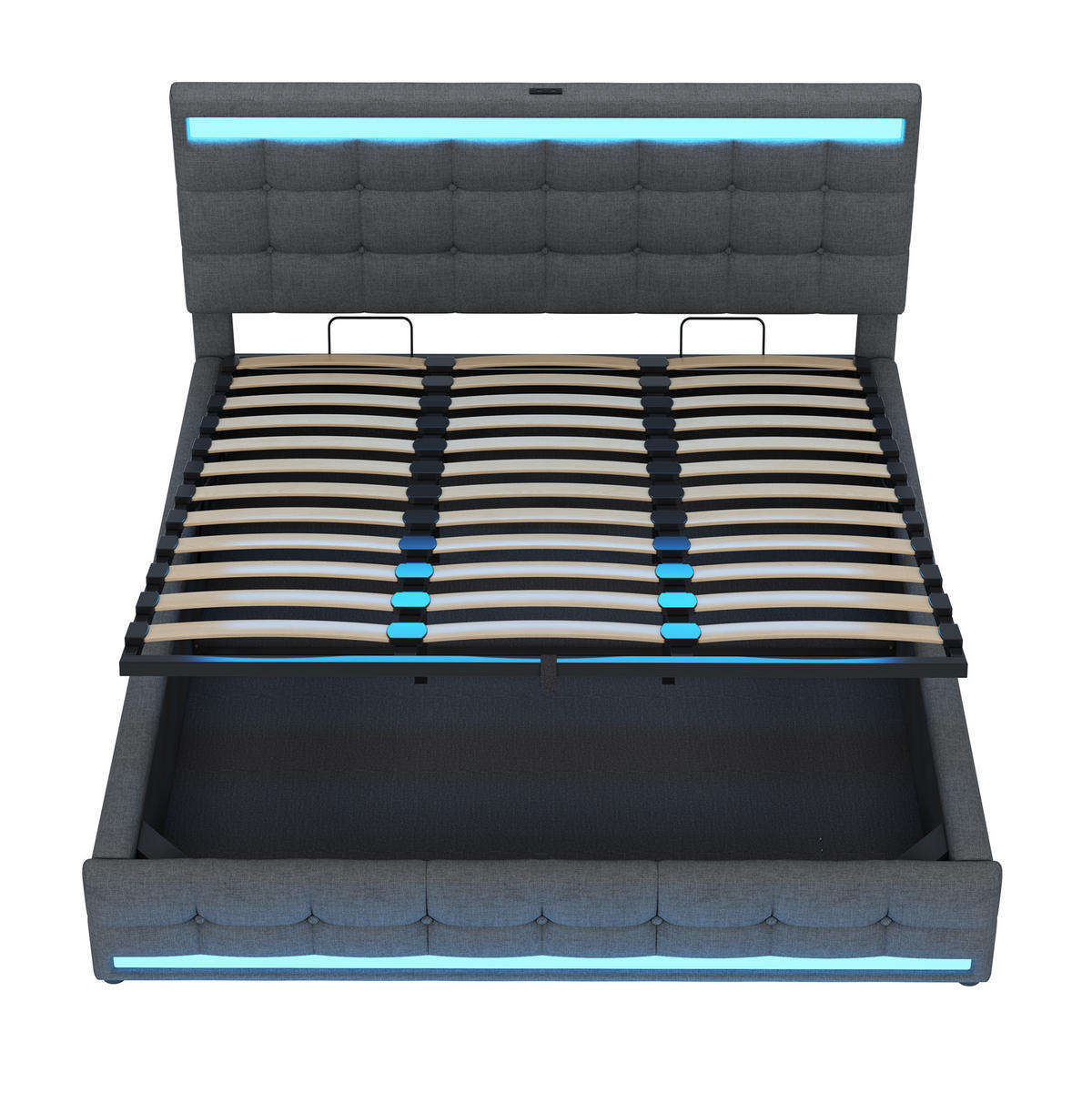 POLSTERBETT 180/200 cm mit RGB-LED, USB-Anschlüssen und verstellbarem Kopfteil, Grau - Grau, Textil (180/200cm) - Redom